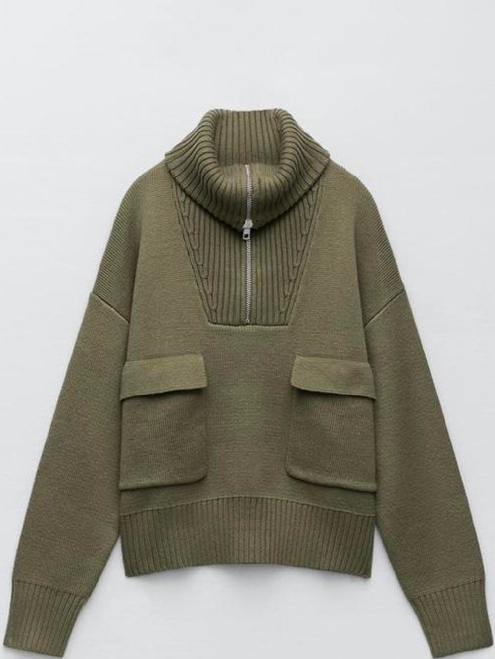 Zara Olive Green Half-Zip Turtleneck Sweater